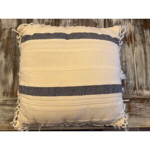 Carol & Frank White and Blue Striped Pillow with Fringe